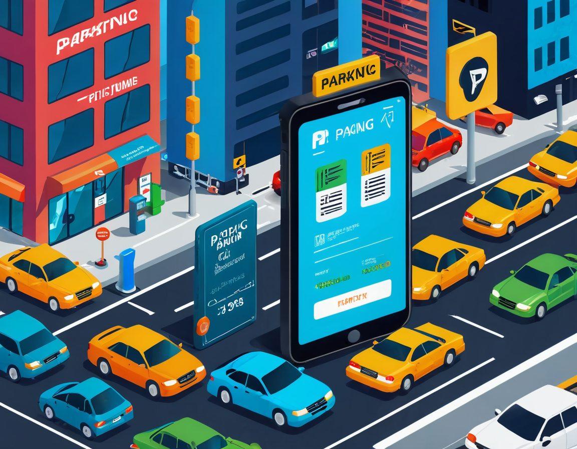 A sleek smartphone displaying a digital payment interface for traffic violations, surrounded by a cityscape featuring parked cars, a speeding sign, and playful cartoonish icons of parking tickets and speeding fines floating around. The scene conveys a sense of ease and modernization, inviting users to enjoy a hassle-free payment experience. vibrant colors. modern flat design.