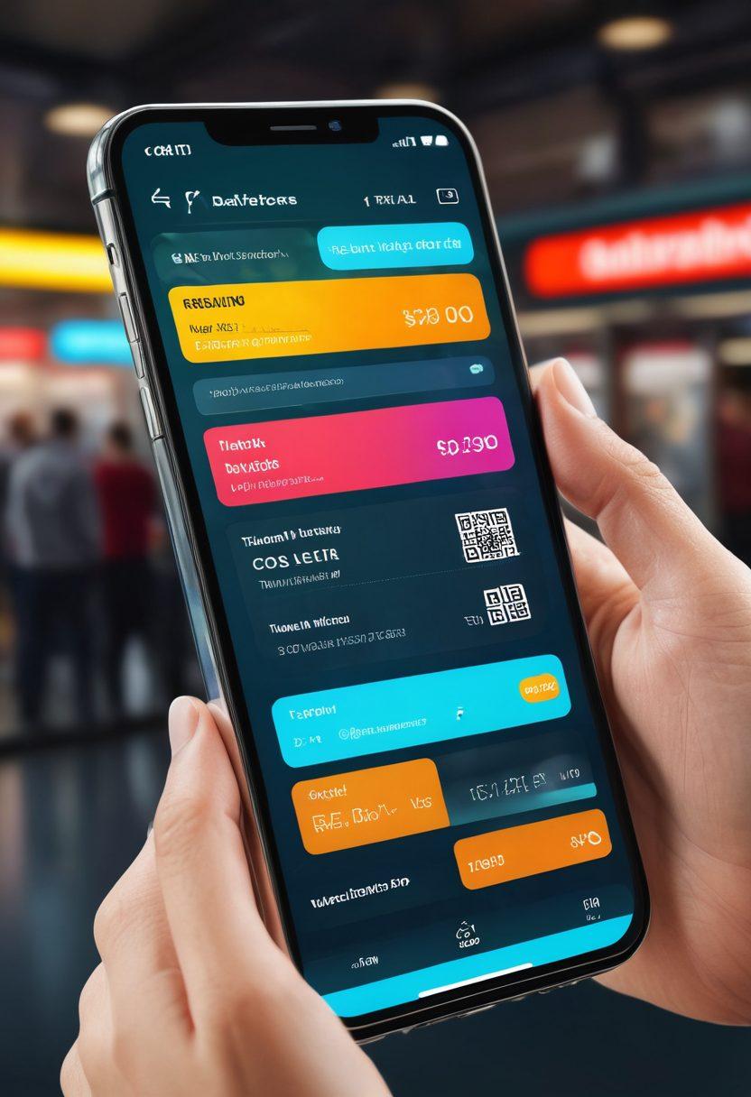A sleek, modern smartphone displaying a user-friendly ticket payment app interface. Surrounding the phone are various ticket types, including movies, concerts, and trains, with vibrant colors and icons representing convenience and ease. In the background, a diverse group of people happily using their devices to manage payments, conveying a sense of community and satisfaction. Soft, glowing digital elements to emphasize technology. super-realistic. vibrant colors. 3D.