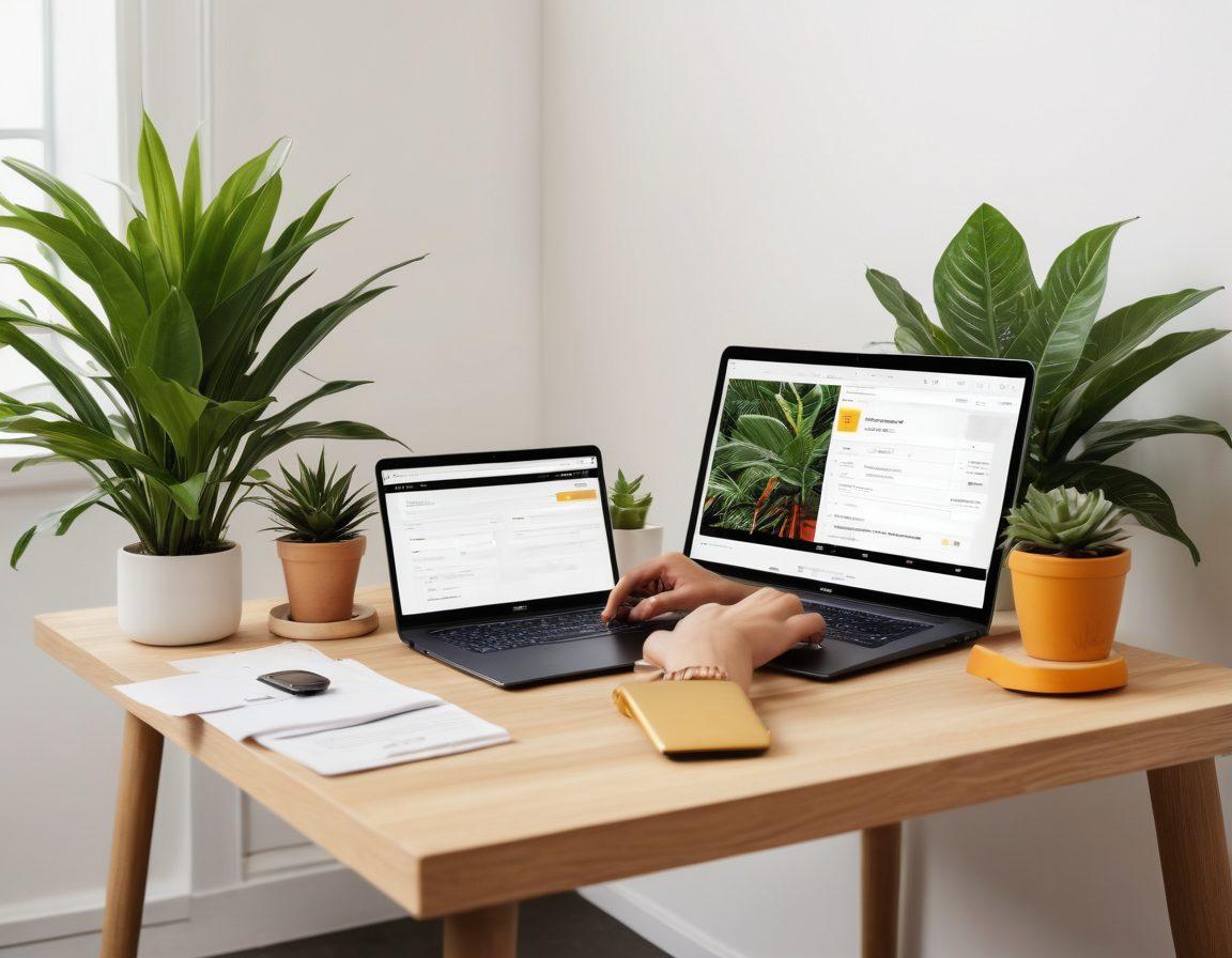A modern, minimalist workspace with a laptop displaying a user-friendly online ticket payment interface. Include a person happily using a smartphone to purchase tickets, surrounded by vibrant plants and cozy decor, symbolizing convenience. Incorporate soft lighting to enhance a warm atmosphere. super-realistic. vibrant colors. white background.